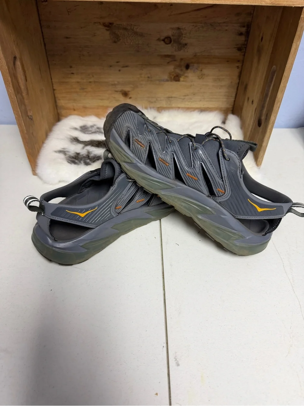 Hoka Men's Gray Sandal/Water Shoes with Gold Logo Accents